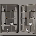Modern Bookcase Interior Design With Decorative Sculptures Photo Frames And Small Ornaments