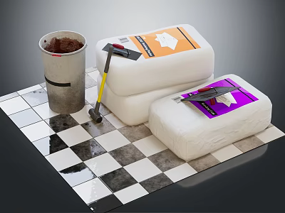 White Containers With Orange Purple Labels Metal Bucket And Tools On Checkered Surface 3d model