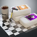White Containers With Orange Purple Labels Metal Bucket And Tools On Checkered Surface