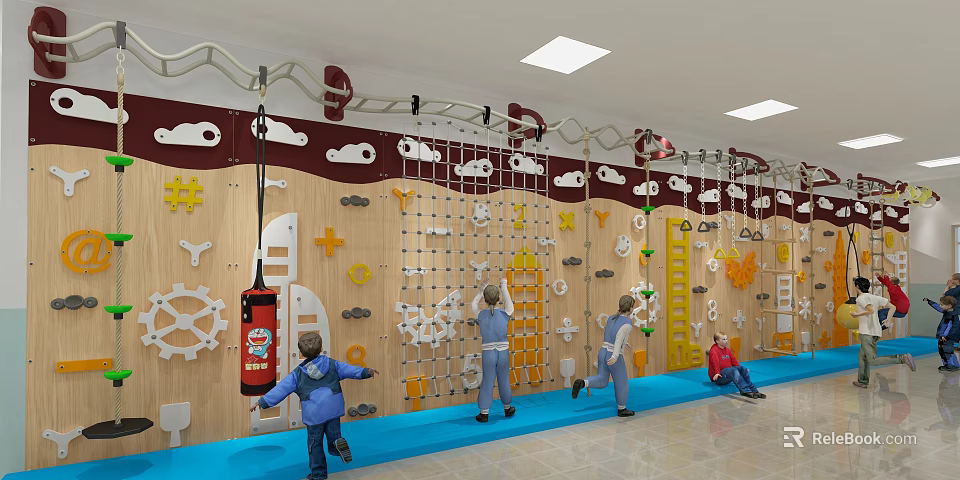Fun Children's Play Area With Climbing Wall Decorative Gears Clouds And Safe Padded Floor 3d model 