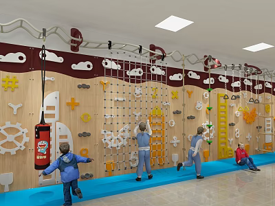 Fun Children's Play Area With Climbing Wall Decorative Gears Clouds And Safe Padded Floor 3d model