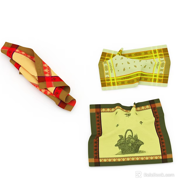 Colorful Patterned Towels Featuring Red Brown Yellow Green Designs and Basket Print 3d model 