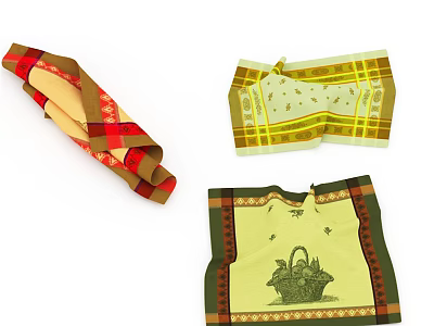 Colorful Patterned Towels Featuring Red Brown Yellow Green Designs and Basket Print 3d model