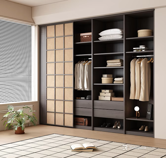 Modern Wardrobe Interior With Sliding Doors Hanging Folded Clothes Storage And Shoes 3d model 
