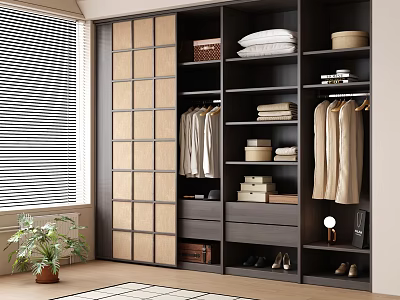 Modern Wardrobe Interior With Sliding Doors Hanging Folded Clothes Storage And Shoes 3d model