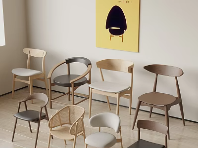 Modern Dining Chairs in Various Designs Against Light Wall with Yellow Painting 3d model