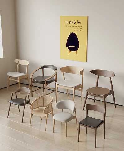 Modern Dining Chairs in Various Designs Against Light Wall with Yellow Painting 3d model