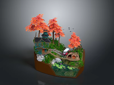 Miniature Landscape Model Featuring Orange Trees House Bridge And Water With Lotus Leaves 3d model