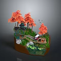 Miniature Landscape Model Featuring Orange Trees House Bridge And Water With Lotus Leaves