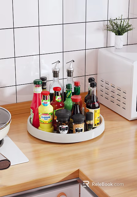 Organized Assorted Condiment Bottles On Rotating Tray For Modern Kitchen Countertop 3d model 