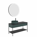 Modern Bathroom Washbasin Vanity With Round Mirror Green Basin And Black Countertop