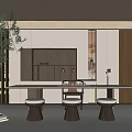 Minimalist Tea Room Interior Design With Long Table Round Stools Wooden Cabinets And Green Plants