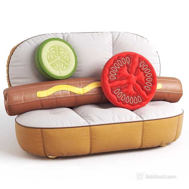 Unusual Sofa with Hot Dog Shaped Design Brown and White Upholstery Cucumber and Tomato Cushions 3d model 