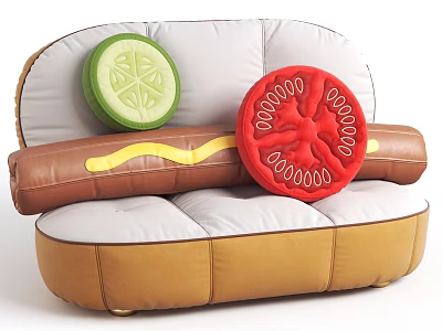 Unusual Sofa with Hot Dog Shaped Design Brown and White Upholstery Cucumber and Tomato Cushions 3d model