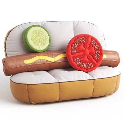 Unusual Sofa with Hot Dog Shaped Design Brown and White Upholstery Cucumber and Tomato Cushions 3d model
