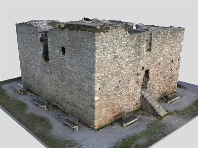 Ancient Stone Castle Ruins With Weathered Walls Windows Entrance And Surrounding Benches 3d model