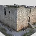 Ancient Stone Castle Ruins With Weathered Walls Windows Entrance And Surrounding Benches