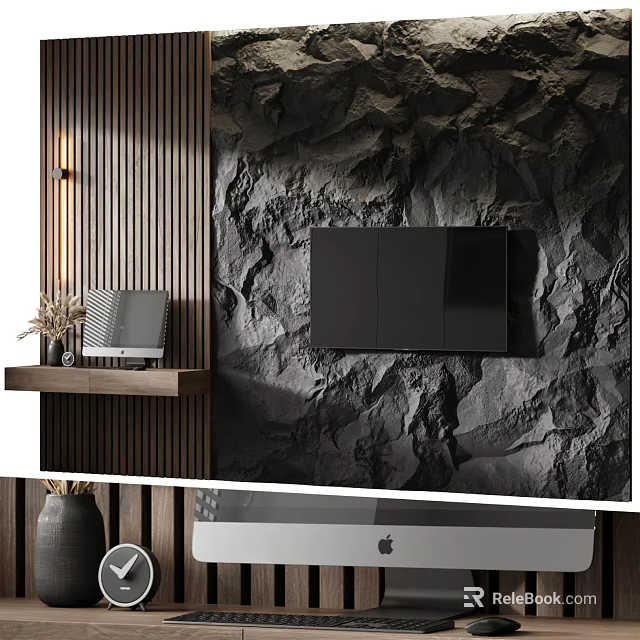 Modern TV Background Wall With Stone Texture Wooden Accent And Floating Shelf 3d model