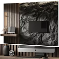 Modern TV Background Wall With Stone Texture Wooden Accent And Floating Shelf 3d model
