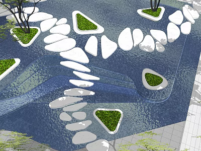 Natural Stone and Wood Landscape Design with Stepping Stones Green Patches and Water Features 3d model
