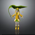 Little Girl In Yellow Raincoat And Hat Holding Large Green Leaf Umbrella With Bell