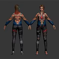 Female Character Front Back View With Biological Patterned Jacket And Distressed Denim Pants 3d model