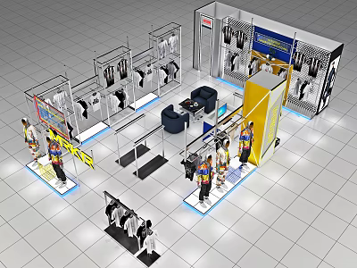 Modern Fashion Clothing Store Interior With Clothing Racks Mannequins Sofa Tables And Display Areas 3d model