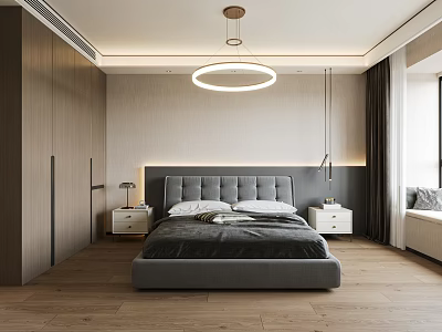 Modern Bedroom Interior With Gray Bed Nightstands Wooden Floor And Round Pendant Light 3d model