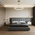 Modern Bedroom Interior With Gray Bed Nightstands Wooden Floor And Round Pendant Light