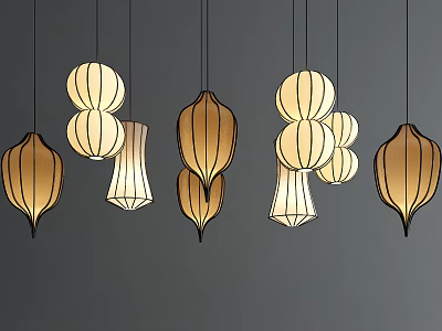 Modern Fabric Lantern Pendant Lights with Beige and Brown Hanging Decorative Design 3d model