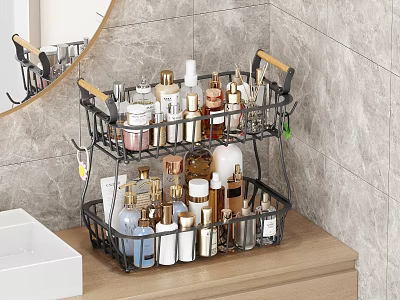 Two Tiered Bathroom Storage Rack With Toiletries Skincare Products Gray Tiled Wall And Mirror 3d model