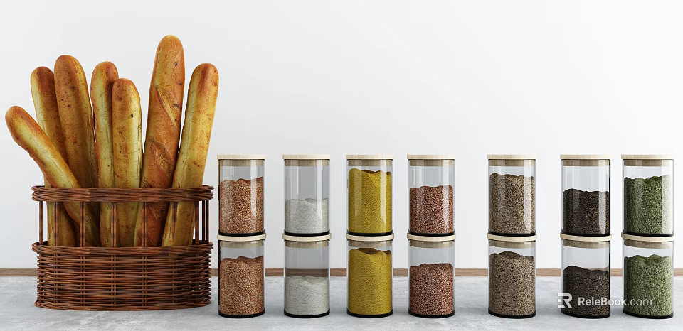 Ceramic Food Storage Jars With Assorted Grains And Baguette Bread In Basket 3d model