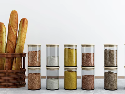 Ceramic Food Storage Jars With Assorted Grains And Baguette Bread In Basket 3d model
