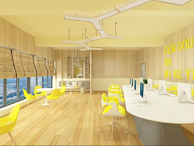Modern Open Public Office Space With White Desks Yellow Chairs Wooden Flooring And Large Windows 3d model