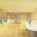 Modern Open Public Office Space With White Desks Yellow Chairs Wooden Flooring And Large Windows