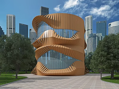 Unique Twisted Architecture With Wooden Texture And Glass Facade Among Urban Skyscrapers And Green Trees 3d model