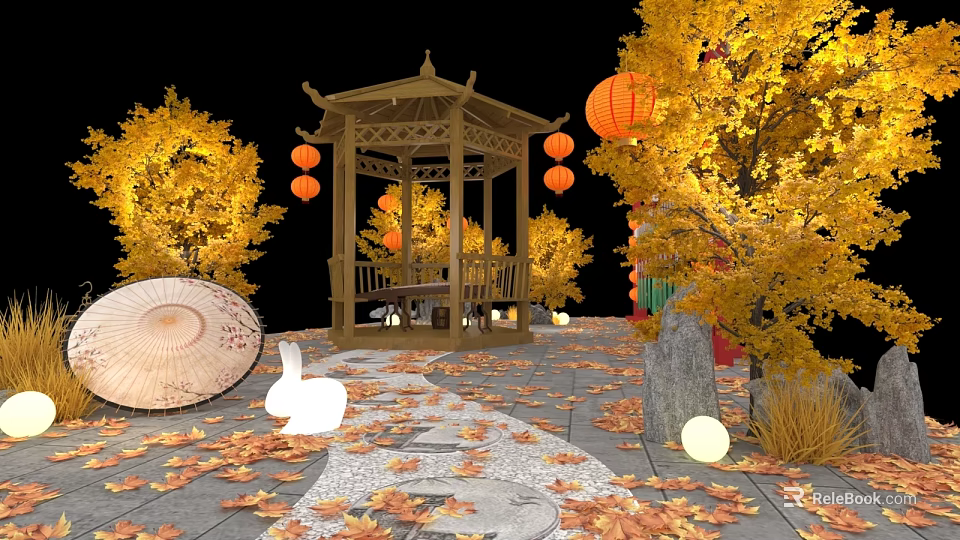 Traditional Pavilion with Red Lanterns Yellow Ginkgo Trees Autumn Leaves Stone Path Umbrella Rabbit Decoration 3d model 