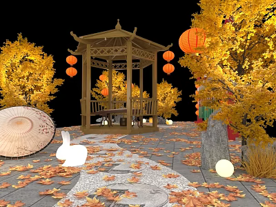 Traditional Pavilion with Red Lanterns Yellow Ginkgo Trees Autumn Leaves Stone Path Umbrella Rabbit Decoration 3d model