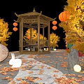 Traditional Pavilion with Red Lanterns Yellow Ginkgo Trees Autumn Leaves Stone Path Umbrella Rabbit Decoration