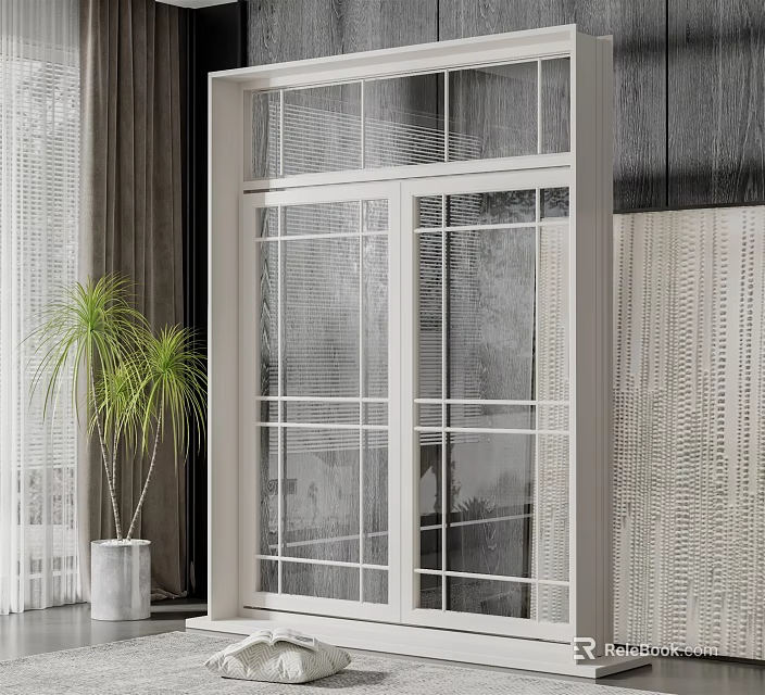Bright Modern Floor-to-Ceiling Window With White Frame Grid Glass And Potted Plant In Interior Space 3d model 