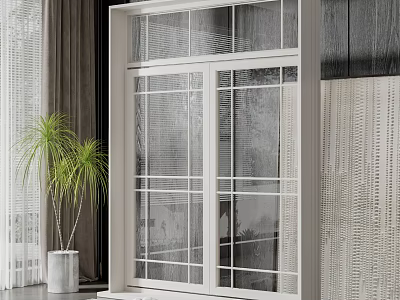 Bright Modern Floor-to-Ceiling Window With White Frame Grid Glass And Potted Plant In Interior Space 3d model