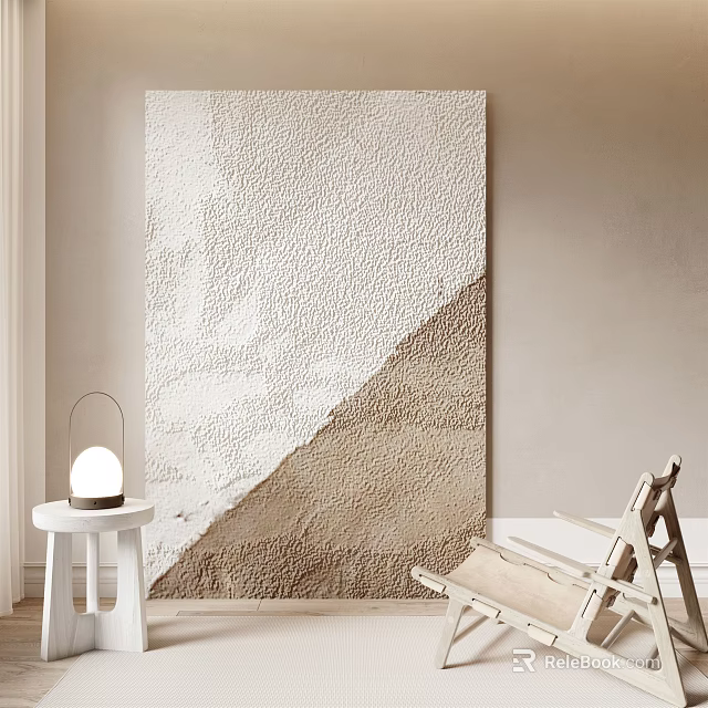 Minimalist Beige Wall Living Room With Large Abstract Painting And Wooden Chair 3d model 