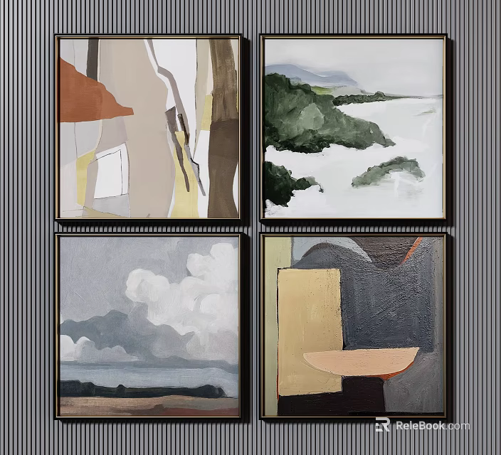 Four Abstract Paintings With Different Styles On Vertical Striped Wall Decor 3d model