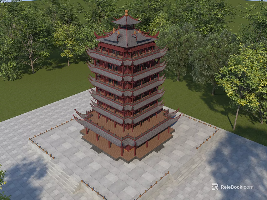 Traditional Chinese Multi tiered Pagoda Surrounded by Green Trees on Stone Square Ground 3d model 