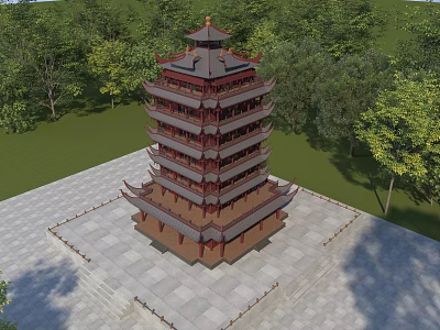Traditional Chinese Multi tiered Pagoda Surrounded by Green Trees on Stone Square Ground 3d model