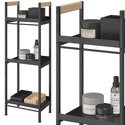 Black Metal Multi Tier Storage Shelf With Skincare Jars Wooden Tray And Bottles 3d model