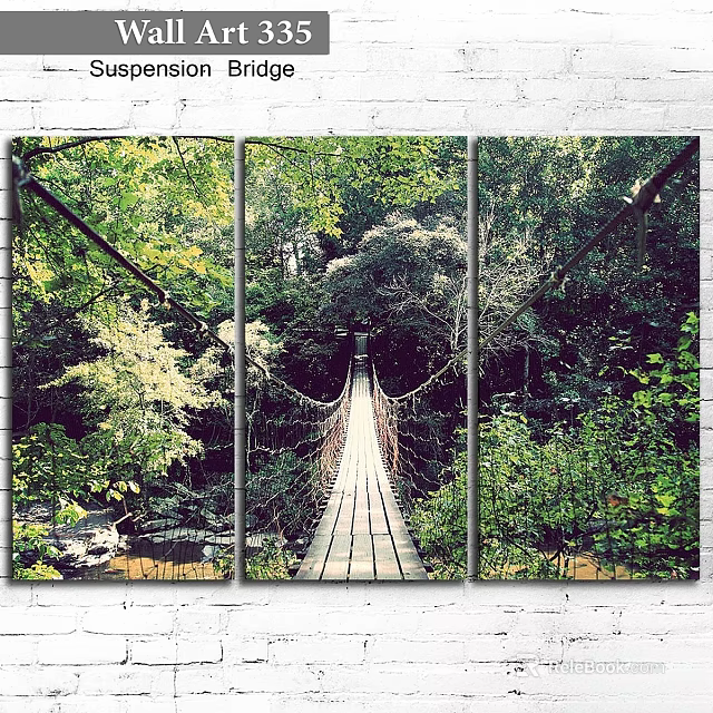 Framed Three Panel Canvas Wall Art With Forest Suspension Bridge And Green Trees 3d model 