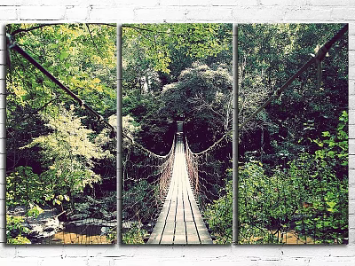Framed Three Panel Canvas Wall Art With Forest Suspension Bridge And Green Trees 3d model