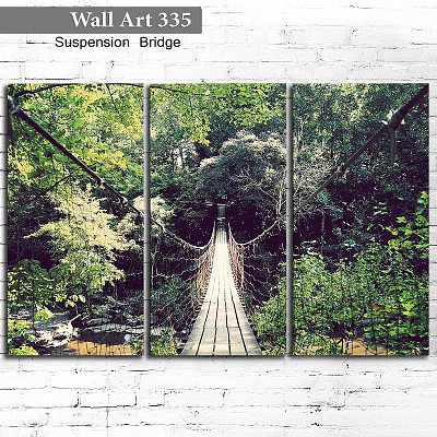 Framed Three Panel Canvas Wall Art With Forest Suspension Bridge And Green Trees 3d model