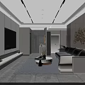 Modern Living Room Interior With Gray Sofa Round Coffee Table TV Wall And Orange Curtains